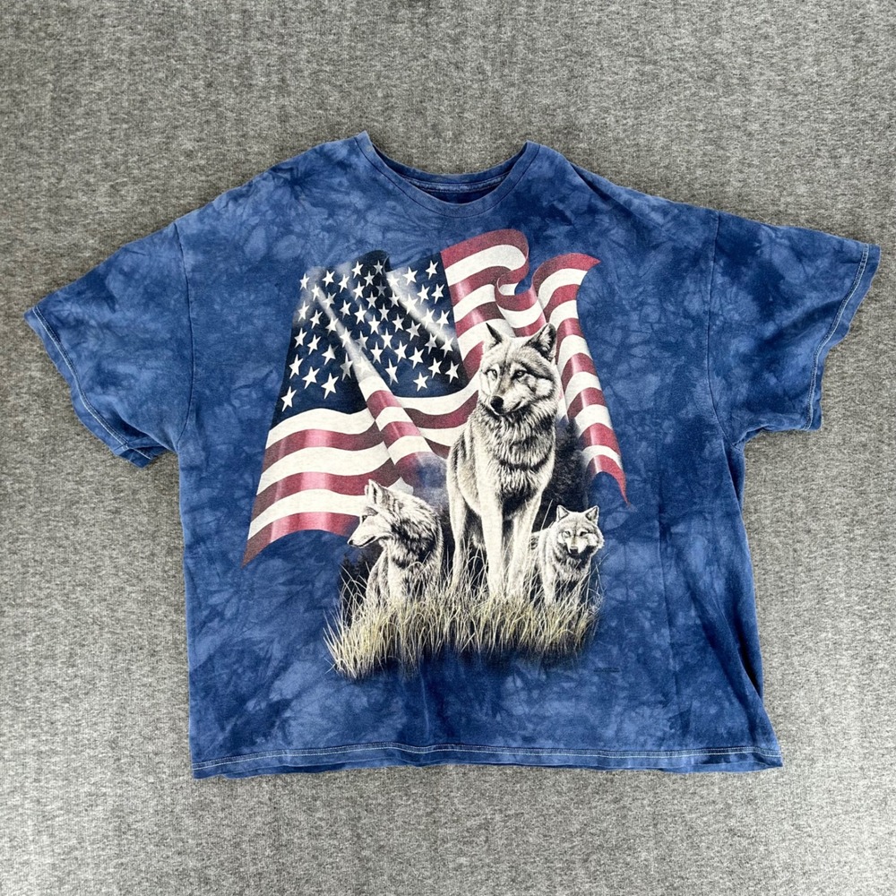 VTG The Mountain Mens Blue Tie Dye Wolf American Flag Graphic T-Shirt 2XL